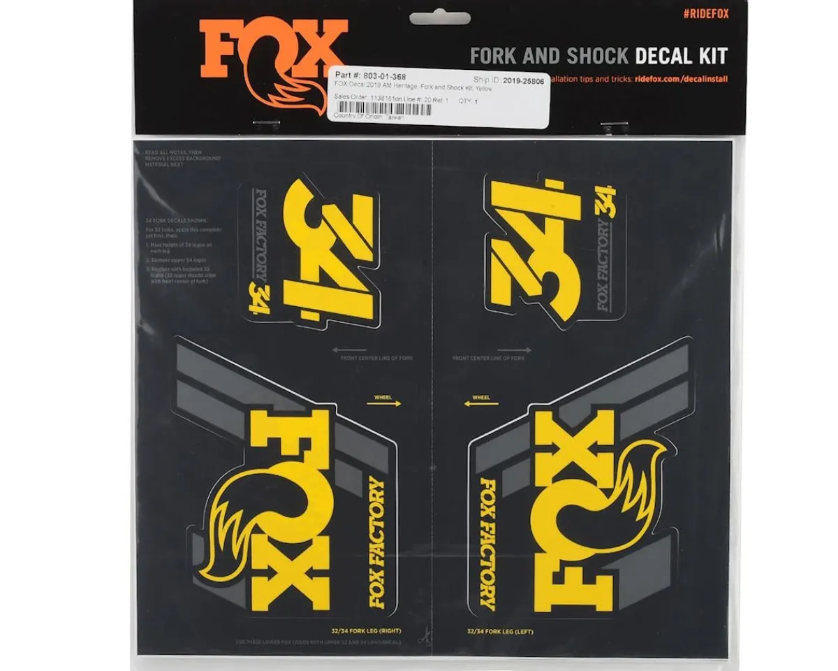 Fox Suspension Suspension|Heritage Decal Kit for Forks & Shocks (Yellow) (All Models Except Step Casts)