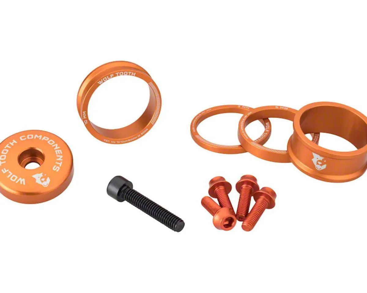 Wolf Tooth Components Headsets & Spacers|Headset Spacer BlingKit (Orange) (3, 5, 10, 15mm) (w/ Bottle Cage Bolts)